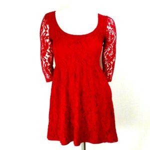 Kirra Red Floral Lace 3/4 Sleeve Fit & Flare Dress